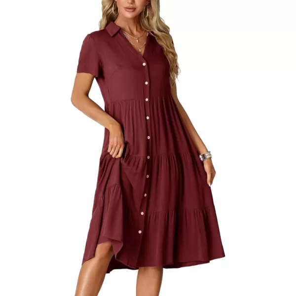 LYANER Women's Collar V Neck Button Down Short Sleeve Tiered Ruffle A Line Flowy Midi Shirt Dress