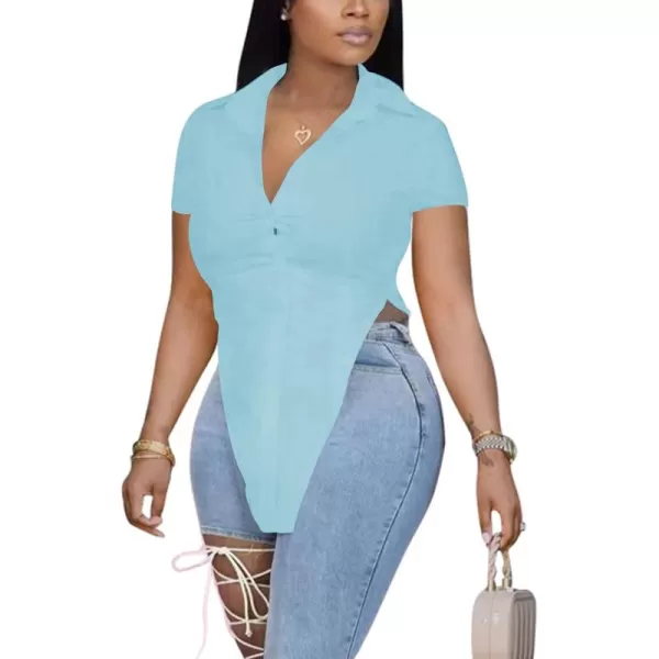 LYANER Women's Collar V Neck Button Front Short Sleeve Slit Hem Long Shirt Blouse Top