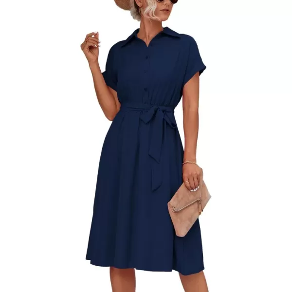 LYANER Women's Collar V Neck Button Front Tie Waist Short Sleeve Ruffle Hem Midi Dress
