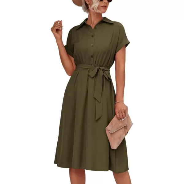 LYANER Women's Collar V Neck Button Front Tie Waist Short Sleeve Ruffle Hem Midi Dress