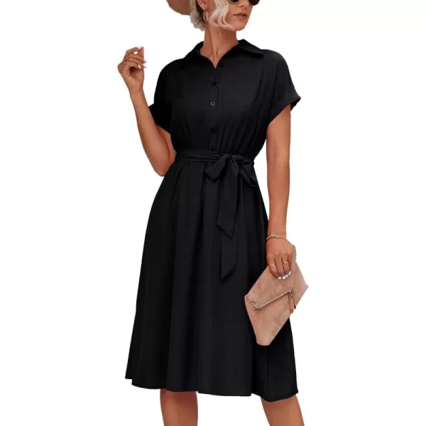 LYANER Women's Collar V Neck Button Front Tie Waist Short Sleeve Ruffle Hem Midi Dress