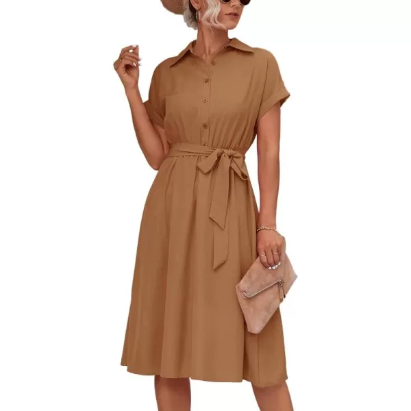 LYANER Women's Collar V Neck Button Front Tie Waist Short Sleeve Ruffle Hem Midi Dress