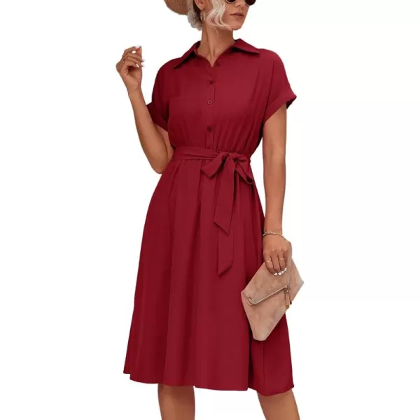 LYANER Women's Collar V Neck Button Front Tie Waist Short Sleeve Ruffle Hem Midi Dress