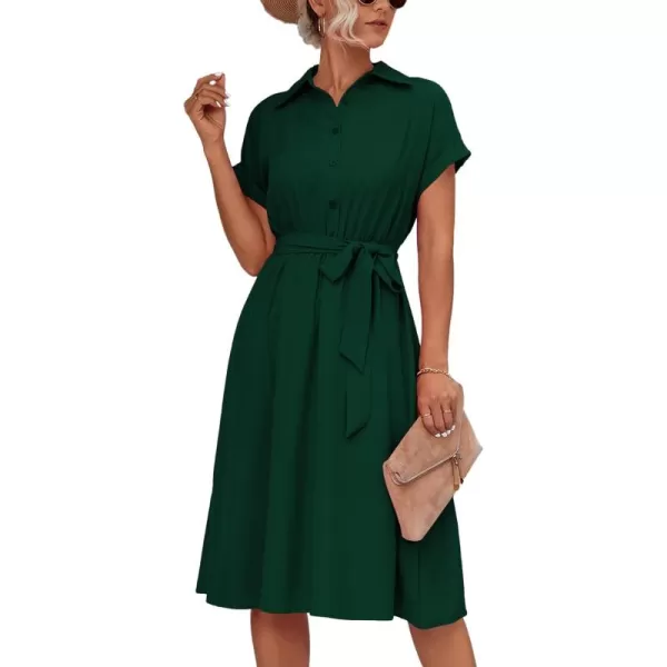 LYANER Women's Collar V Neck Button Front Tie Waist Short Sleeve Ruffle Hem Midi Dress