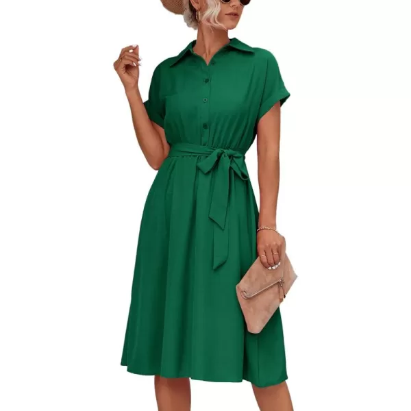 LYANER Women's Collar V Neck Button Front Tie Waist Short Sleeve Ruffle Hem Midi Dress