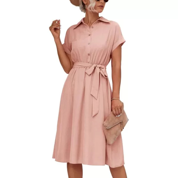 LYANER Women's Collar V Neck Button Front Tie Waist Short Sleeve Ruffle Hem Midi Dress