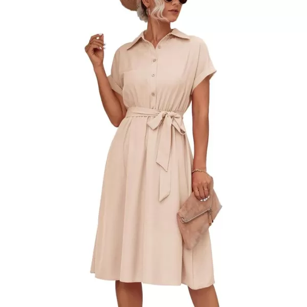 LYANER Women's Collar V Neck Button Front Tie Waist Short Sleeve Ruffle Hem Midi Dress
