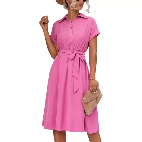LYANER Women's Collar V Neck Button Front Tie Waist Short Sleeve Ruffle Hem Midi Dress