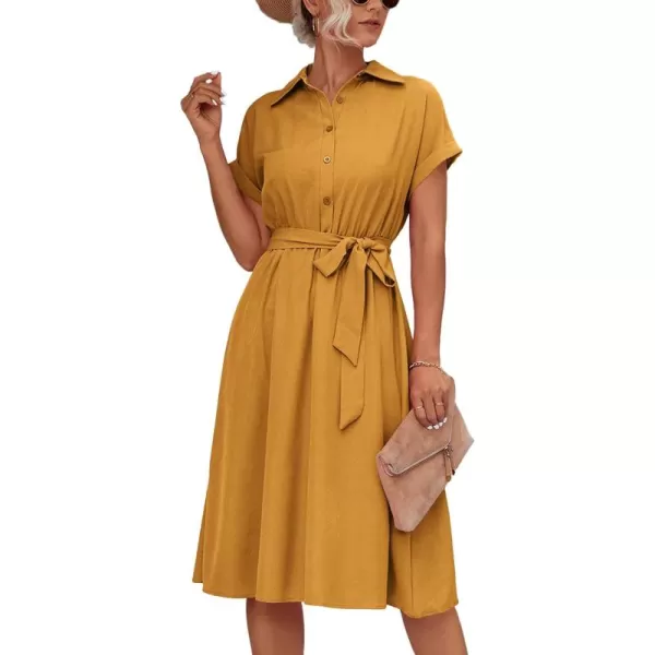 LYANER Women's Collar V Neck Button Front Tie Waist Short Sleeve Ruffle Hem Midi Dress