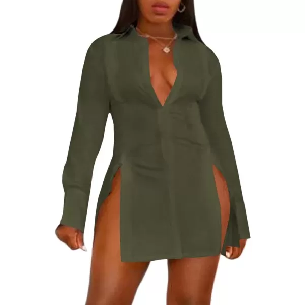 LYANER Women's Collar V Neck Long Sleeve Button Down Slit Hem Long Shirt Blouse Top