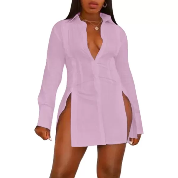 LYANER Women's Collar V Neck Long Sleeve Button Down Slit Hem Long Shirt Blouse Top