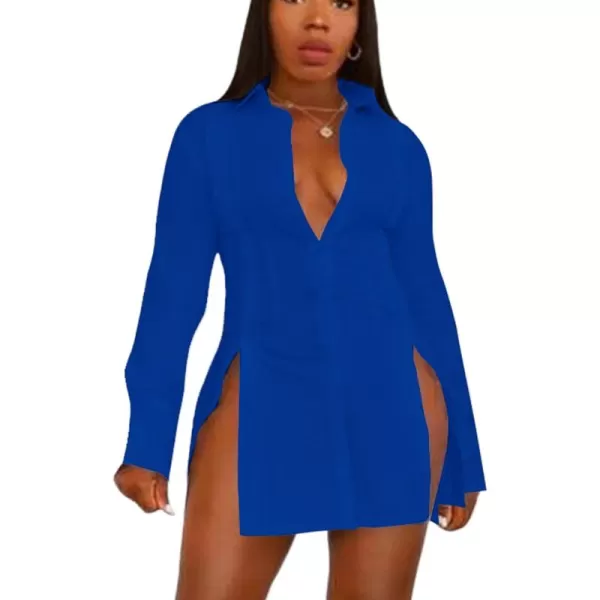 LYANER Women's Collar V Neck Long Sleeve Button Down Slit Hem Long Shirt Blouse Top