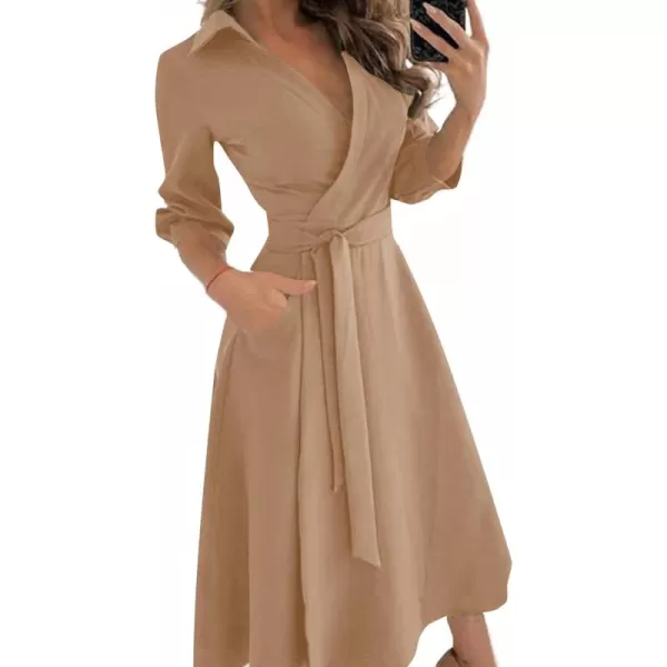 LYANER Women's Collar V Neck Tie Waist Wrap Long Sleeve Midi Dress with Pockets