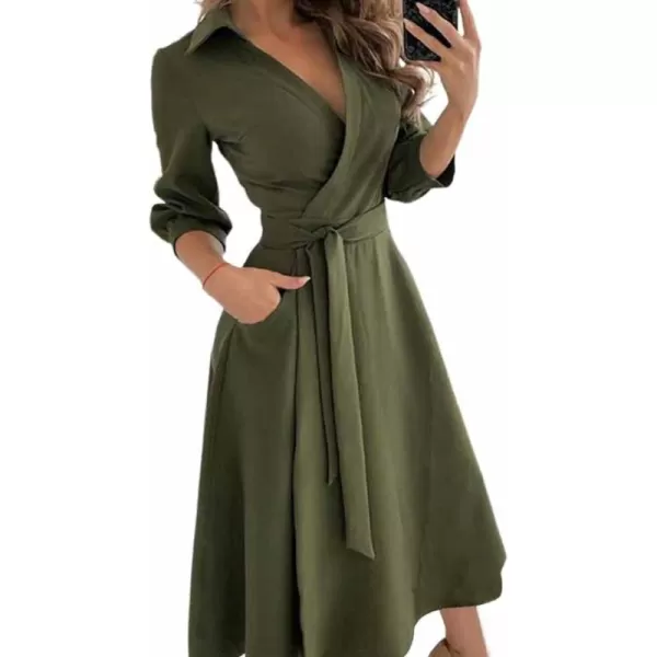 LYANER Women's Collar V Neck Tie Waist Wrap Long Sleeve Midi Dress with Pockets