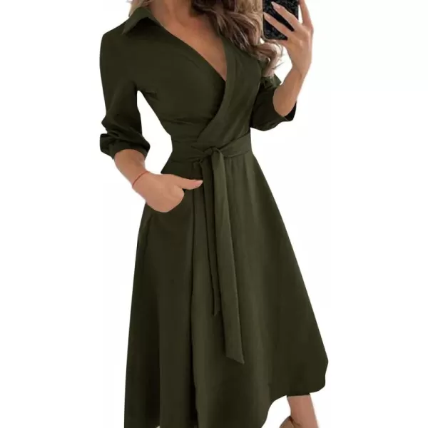LYANER Women's Collar V Neck Tie Waist Wrap Long Sleeve Midi Dress with Pockets
