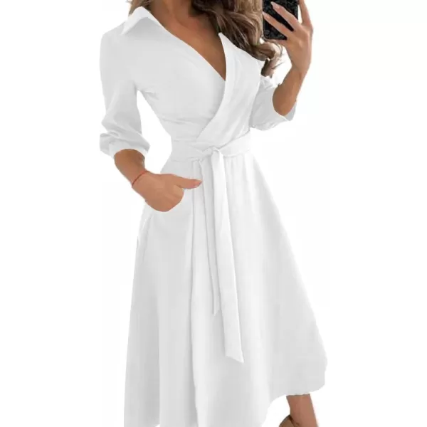 LYANER Women's Collar V Neck Tie Waist Wrap Long Sleeve Midi Dress with Pockets