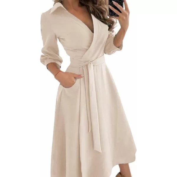LYANER Women's Collar V Neck Tie Waist Wrap Long Sleeve Midi Dress with Pockets