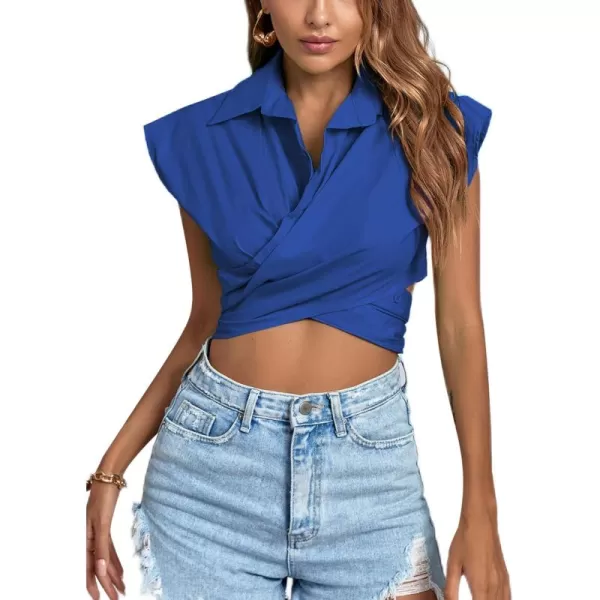 LYANER Women's Collar V Neck Wrap Front Cross Tie Back Cap Sleeve Crop Top Blouse