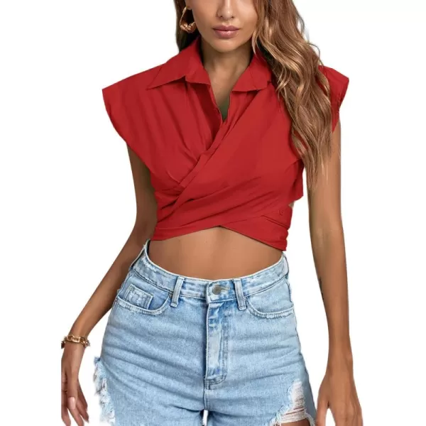 LYANER Women's Collar V Neck Wrap Front Cross Tie Back Cap Sleeve Crop Top Blouse