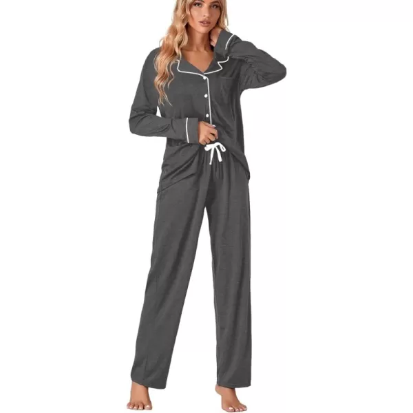 LYANER Women's Comfy PJ Set 2 Piece V Neck Long Sleeve Button Down Sleepwear Lounge Pajama Sets