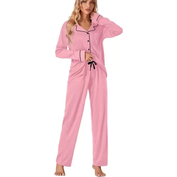 LYANER Women's Comfy PJ Set 2 Piece V Neck Long Sleeve Button Down Sleepwear Lounge Pajama Sets