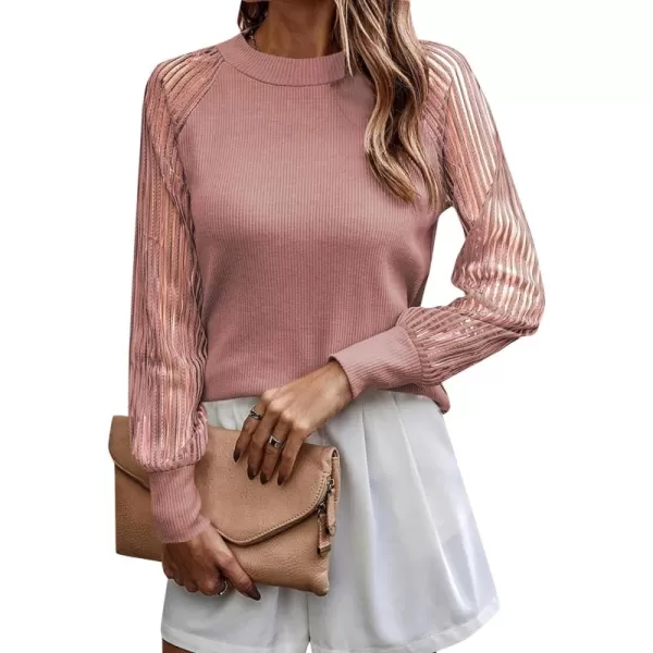 LYANER Women's Crewneck Mesh Lace Long Sleeve Knit Ribbed Top Blouse Sweater