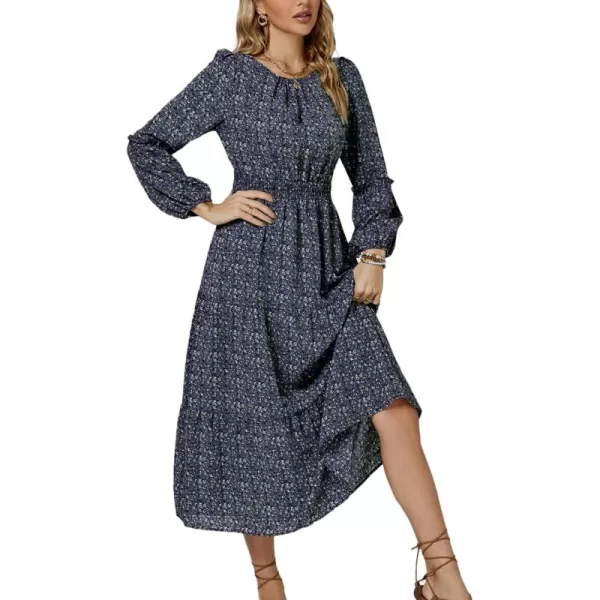 LYANER Women's Crewneck Puff Long Sleeve High Waist Floral Print Swing Flowy Midi Dress