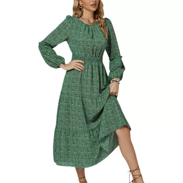 LYANER Women's Crewneck Puff Long Sleeve High Waist Floral Print Swing Flowy Midi Dress
