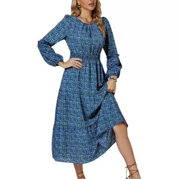 LYANER Women's Crewneck Puff Long Sleeve High Waist Floral Print Swing Flowy Midi Dress