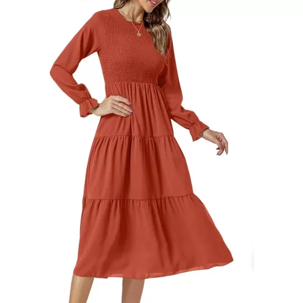 LYANER Women's Crewneck Shirred Dress High Waist Ruffle Long Sleeve Flowy A-line Midi Dresses