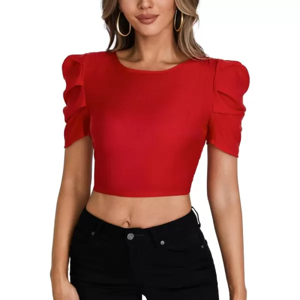 LYANER Women's Crewneck Short Puff Sleeve Backless Tie Up Back Crop Top Shirts Blouse