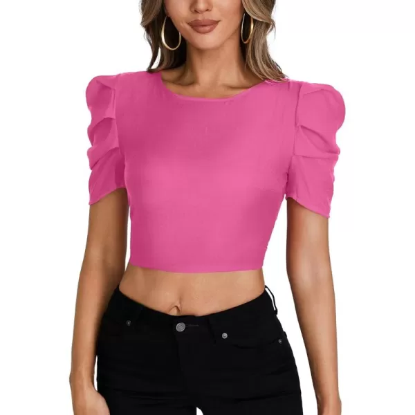 LYANER Women's Crewneck Short Puff Sleeve Backless Tie Up Back Crop Top Shirts Blouse