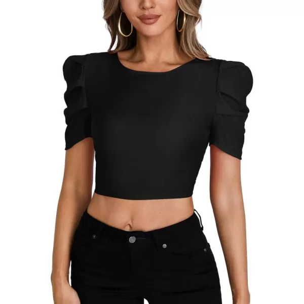 LYANER Women's Crewneck Short Puff Sleeve Backless Tie Up Back Crop Top Shirts Blouse