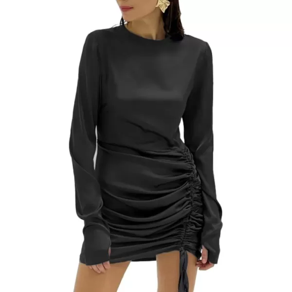 LYANER Women's Crewneck Side Drawstring Ruched Long Sleeve Party Club Mini Dress