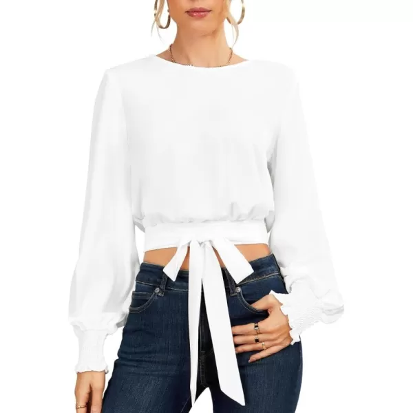 LYANER Women's Crewneck Tie Front Long Puff Sleeve Office Chiffon Crop Top Blouse Shirts