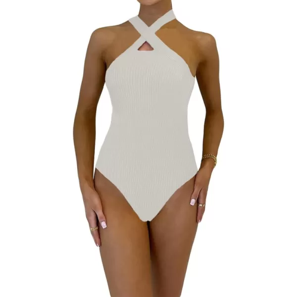 LYANER Women's Criss Cross Halter Neck Sleeveless Ribbed Knit Leotard Bodysuit Top