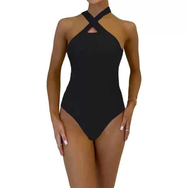 LYANER Women's Criss Cross Halter Neck Sleeveless Ribbed Knit Leotard Bodysuit Top