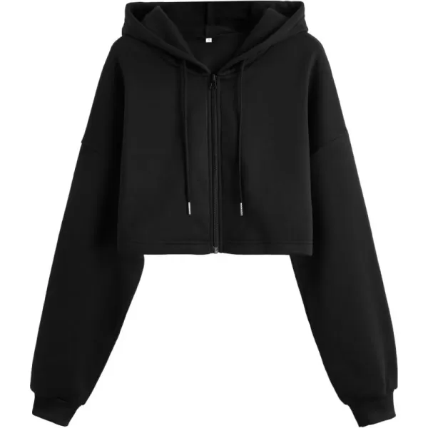 LYANER Women's Crop Hooded Drop Shoulder Long Sleeve Drawstring Zip Sweatshirt