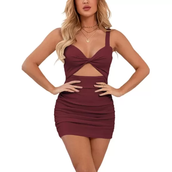 LYANER Women's Cut Out Twist Knot Front Ruched Bodycon Tank Sleeveless Mini Dress
