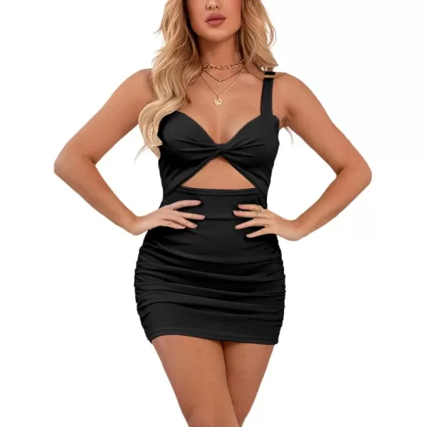 LYANER Women's Cut Out Twist Knot Front Ruched Bodycon Tank Sleeveless Mini Dress