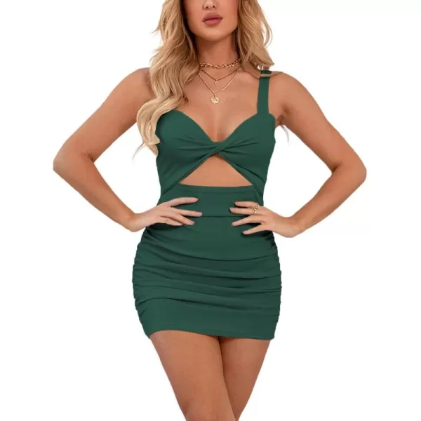 LYANER Women's Cut Out Twist Knot Front Ruched Bodycon Tank Sleeveless Mini Dress