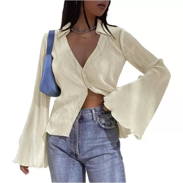 LYANER Women's Deep V Neck Button Front Bell Long Sleeve Blouse Shirt Top