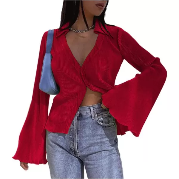 LYANER Women's Deep V Neck Button Front Bell Long Sleeve Blouse Shirt Top
