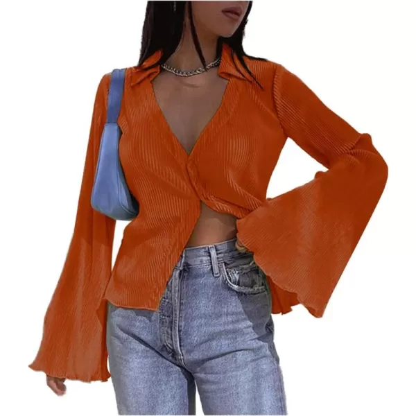 LYANER Women's Deep V Neck Button Front Bell Long Sleeve Blouse Shirt Top