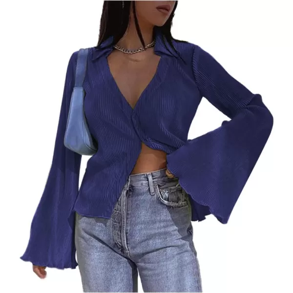 LYANER Women's Deep V Neck Button Front Bell Long Sleeve Blouse Shirt Top
