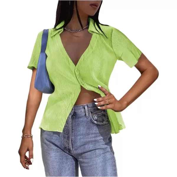 LYANER Women's Deep V Neck Button Front Split Slit Short Sleeve Sexy Blouse Top Shirt