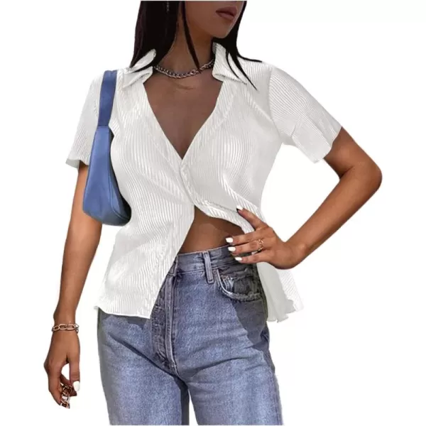 LYANER Women's Deep V Neck Button Front Split Slit Short Sleeve Sexy Blouse Top Shirt