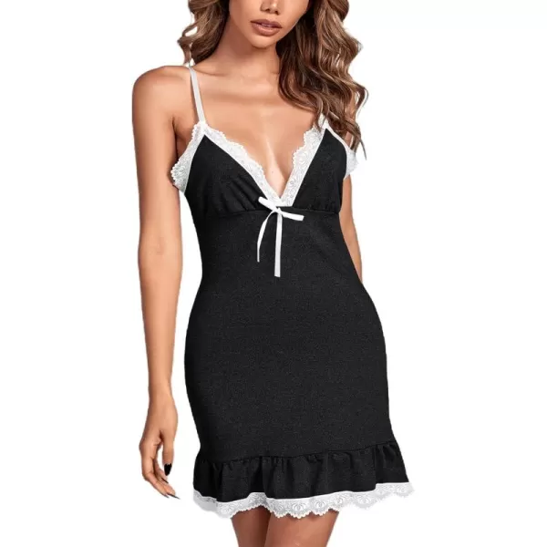 LYANER Women’s Deep V Neck Chemise Nightgown Sleeveless Bow Lace Trim Babydoll Pajamas Dress