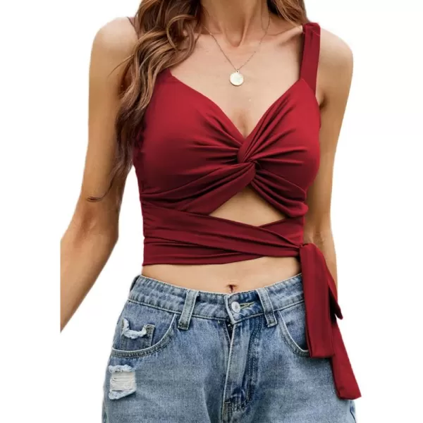 LYANER Women's Deep V Neck Criss Crossed Twist Knot Hollow Out Self Tie Crop Tank Sleeveless Top