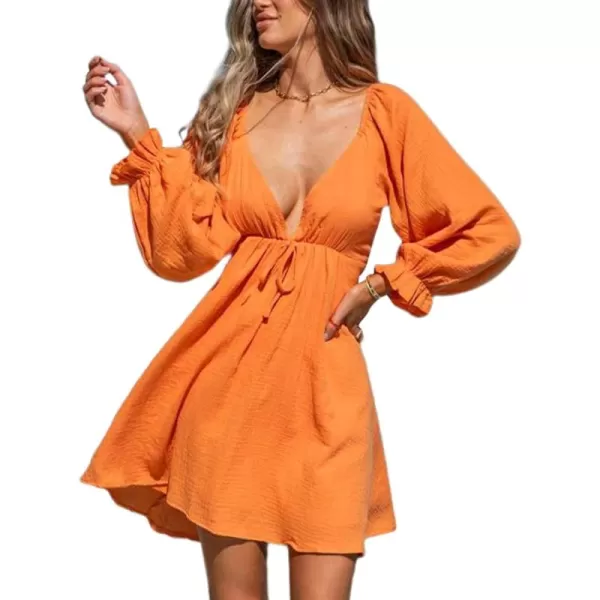 LYANER Women's Deep V Neck Elastic Waist Puff Long Sleeve Swing Flowy Mini Beach Dress